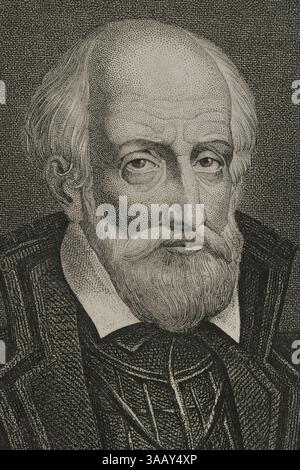 Gaspard de Coligny (1519-1572). Französischer Adliger und Admiral von Frankreich. Hugenottenführer während der Französischen Religionskriege. Hochformat. Gravur. Details. Historia de las persecuciones Políticas y religiosas en Europa (Geschichte der politischen und religiösen Verfolgungen in Europa). Band II. Veröffentlicht in Barcelona, 1864. Stockfoto