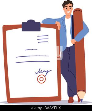 Mann mit großem Stift und unterschriebenem Dokument. Personen, die Geschäfte abschließen. Vertrag mit Unterschrift und Siegel. Papierseiten in der Zwischenablage. Geschäftsvereinbarung. Bankwesen Stock Vektor
