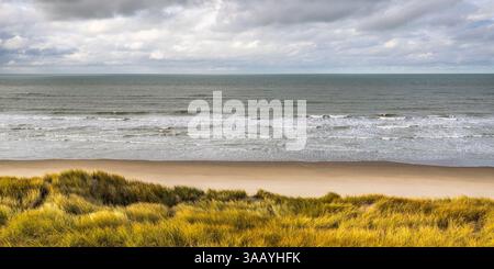 Frankreich, Somme, Baie de Somme, Quend-Plage, der Strand und die Dünen zwischen Quend-Plage und Baie de Somme, Blitz unter einem schweren Himmel Stockfoto