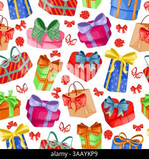 Geschenkboxen mit bunten Bändern und Schleifen. Nahtloses Weihnachtsmuster. Geburtstagsgeschenke. Überraschende Bugknoten. Wiederholter Druck. Satinknoten Stock Vektor