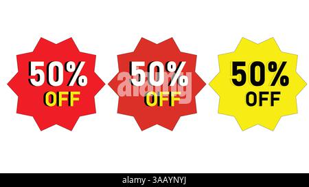 Rabattmarken 50 % Rabatt in roten und gelben Rabattetiketten 50 % Rabatt auf Verkäufe Stock Vektor