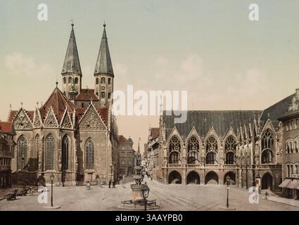 Fotochrom-Vintage-Druck des Altstadtmarktes in Braunschweig. Stockfoto