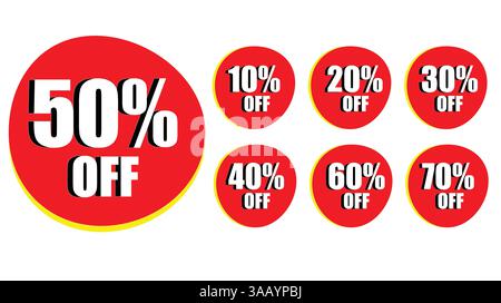 Rabattmarken Mit 10%, 20%, 30%, 40%, 50%, 60 % Und 70 % Rabatt Auf Weißem Hintergrund Stock Vektor