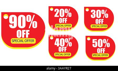 Sonderangebot Rabattmarken Mit 20 %, 30 %, 40 %, 50 % Und 90 % Rabatt Auf Weißem Hintergrund Stock Vektor