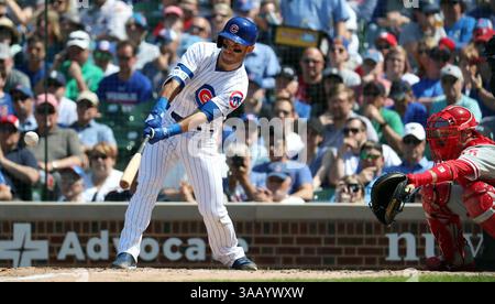 7. Juni 2018: Chicago, IL, USA – Tommy La Stella der Chicago Cubs trifft am Donnerstag, 7. Juni 2018, im Wrigley Field in Chicago eine RBI-Single im fünften Inning gegen die Philadelphia Phillies. Die Cubs haben mit 4:3 gewonnen. (Bild: © Brian Cassella/TNS via ZUMA Wire) Stockfoto