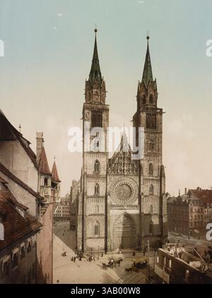 Vintage-Fotochrom-Druck der St. Lorenzkirche in Nürnberg. Stockfoto