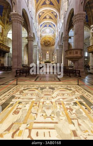 Italien, Toskana, Provinz Lucca, Lucca, Kathedrale von San Martino (St. Martin) im romanischen toskanischen Stil im 11. Und 13. Jahrhundert erbaut, das Kirchenschiff, die Mascioni-Orgeln aus den Jahren 1957 und 1962, das Kreuz von santa Giulia und der Chor mit einem Fresko in der Apsis, gemalt 1681 von coli und Gherardi, die die Trinity darstellen, befindet sich auf der Piazza san Martino Stockfoto