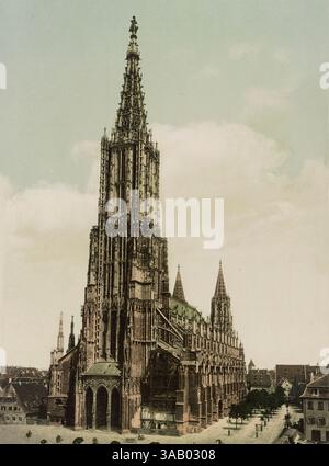 Vintage-Fotochrom-Druck der Münsterkirche Ulm in Deutschland. Stockfoto