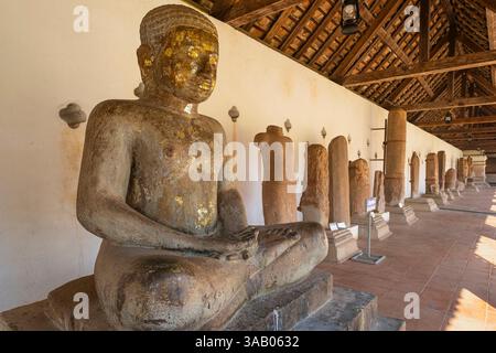 Laos, Vientiane, Pha That Luang, goldbedeckte buddhistische Stupa, das wichtigste Nationaldenkmal in Laos sowie ein nationales Symbol, Statue des Khmer-Königs Jayavarman VII Stockfoto