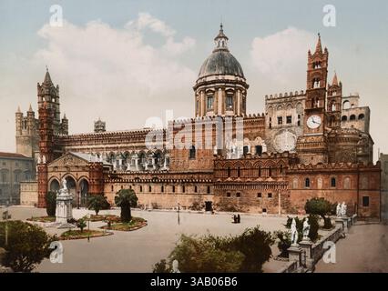 Vintage-Fotochrom-Druck der Kathedrale von Palermo, Palermo, Sizilien, Italien Stockfoto