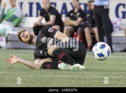 14. April 2018: Annapolis, Maryland, USA - Annapolis, MD - Samstag, 14. April 2018: D.C. United besiegte die Columbus Crew 1-0 in einem MLS-Spiel im Navy-Marine Corps Memorial Stadium. (Bild: © Tony Quinn/ISIPhotos via ZUMA Wire) Stockfoto