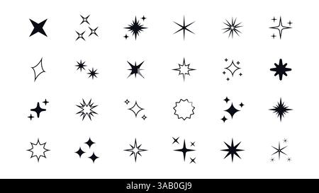 Set aus funkelnden Sternenformen mit Neonlicht. Abstrakte Vektorsymbole mit Glanzeffekt im futuristischen Retro-Stil. Funkelnde Sterne, Blitze und Explosionen für Krea Stock Vektor
