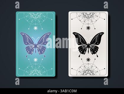Setzen Sie Tarotkarten, esoterische Schmetterlinge, okkulte heilige Geometrie Zeichen, Boho spirituelle Symbole, Blume des Lebens. Magischer Samen des Lebens heiliges Mandala. Farbenfroh Stock Vektor