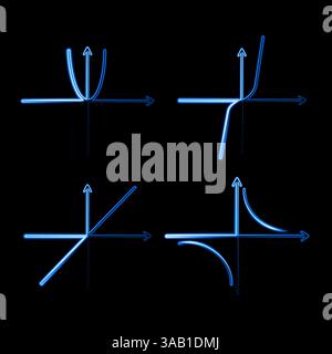 Vektorisolierte Darstellung einer Gruppe algebraischer Symbole mit Neoneffekt. Hyperbel und Parabel auf einem Koordinatensystem. Stock Vektor