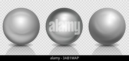 Chrom Silber 3D Ball realistisches Set, Glas strukturierte Kugeln mit glänzenden Lichtern und Schatten auf transparentem Hintergrund, Vektor-Illustration Stock Vektor