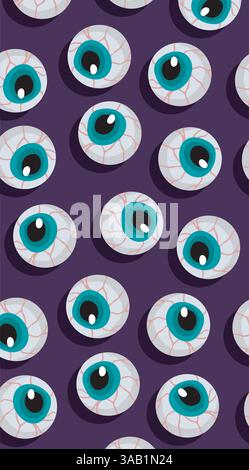 Gruselige Augäpfel auf violettem Hintergrund. Halloween-Vektor-Muster Stock Vektor