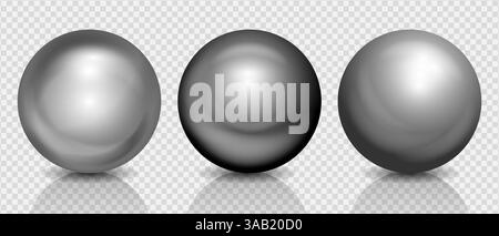 Chrom Silber 3D Ball realistisches Set, Glas strukturierte Kugeln mit glänzenden Lichtern und Schatten auf transparentem Hintergrund, Vektor-Illustration Stock Vektor