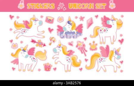 Childrens magic unicorn stickers. Cute animals set hand drawn with unicorns, magic wand, stars. Vector texture for kids bedding, fabric, wallpaper, wr Stock Vektor