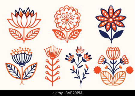 Eine Sammlung von sechs stilisierten Blumenillustrationen in Orange und Blau mit verschiedenen Blumendesigns mit symmetrischen Mustern und dekorativen Blättern Stock Vektor