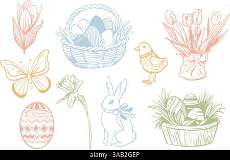 Handgezeichnete oster-Elemente im Vintage-Stil. Skizzen der Frühjahrskollektion. Kaninchen, Eier, Blumen, Schmetterling, Vogel Stock Vektor