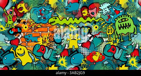Farbiger, nahtloser Hintergrund mit lustigen Monstern. Handzeichnung. Nicht AI, Vektorillustration Stock Vektor