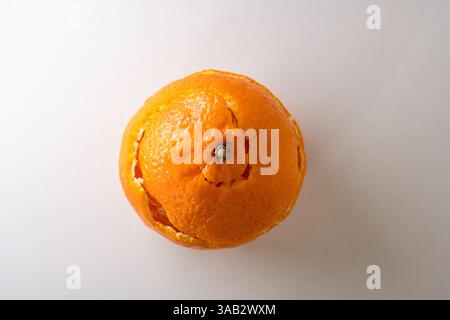 Spiralförmige Form der Orangenschale, isoliert auf weißem Hintergrund, Draufsicht. Stockfoto
