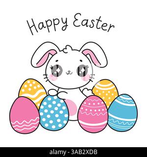Happy Easter Hand gezeichnete Grußkarte mit Textbeschriftung, süßem Kawaii-Hase und farbig verzierten Ostereiern im einfachen Cartoon-Stil Stock Vektor