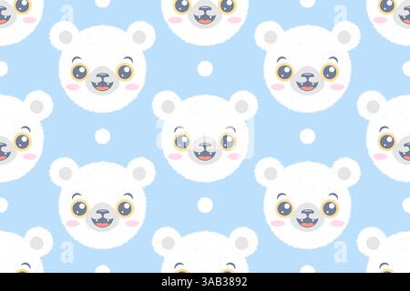 Vektornahtlose Muster des Kopfes eines Eisbären mit Schnee für Kinder. Vektormuster des Kawaii weißen Bären für Kinder Party. Baby-Bär-Emoji. Stock Vektor