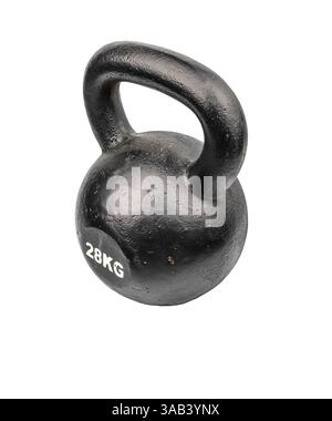 28 kg eisengegossener Wasserkocher aus schwarzem Metall für Sport auf weißem isoliertem Hintergrund. Stockfoto