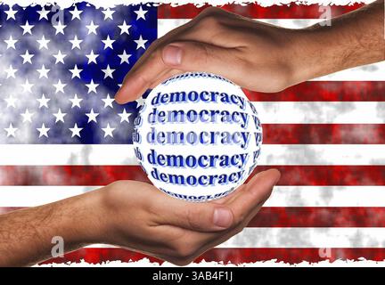 Symbolisches Image, Demokratie versus Autokratie, US-Demokratie in Gefahr, EU und Deutschland unter politischem Druck, Industrie, Donald Trump, Zolldrohungen, E Stockfoto