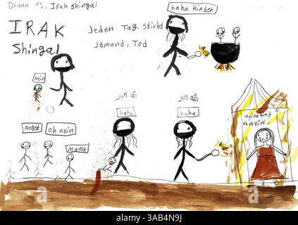 4. Juli 2017 – Berlin, Deutschland – „Bad Day“ von Dlivan, 13 Jahre alt, aus Shingal, Irak (Jesiden). Im Frühjahr 2017 machte sich David Gross auf den Weg der Flüchtlinge, um neue Häuser zu finden. Von Athen, Griechenland bis Berlin, Deutschland, unterrichtete Gross therapeutische Kunstkurse für Kinder und drehte formale fotografische Porträts. Das Ergebnis ist das Inside-Outside-Projekt in Europa, eine einzigartige Möglichkeit, die Auswirkungen von Krieg und Exodus auf Kinder zu zeigen. (Kreditbild: © David Gross via ZUMA Wire) Stockfoto