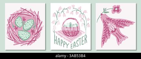 Osterkarten in grün und rosa Palette. Frühlingsvogel mit einer Blume im Schnabel, Korb mit Eiern, Glockenblumen, Nest mit Eiern Stock Vektor