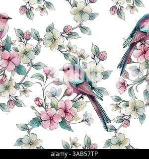 Ein zartes Aquarellmuster mit Vögeln, die auf blühenden Ästen sitzen. Realistische Illustration in Pastelltönen. Geeignet für Textilien, Verpackungen, Stockfoto