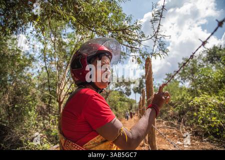 10. April 2015 - Halbinsel Jaffna, Sri Lanka - Rajeswari blickt zum ersten Mal seit 26 Jahren auf die Lage ihres Hauses im Bezirk Valikammam und ist nicht in der Lage, ihr Haus zu erreichen, da es derzeit vom srilankischen Militär besetzt ist. Nur Teile des Landes wurden freigelassen. Der Sri-lankische Bürgerkrieg begann am 23. Juli 1983 und war ein Aufstand gegen die Regierung der Liberation Tigers of Tamil Eelam (LTTE oder Tamil Tigers), die für einen unabhängigen tamilischen Staat Tamil Eelam kämpften. Nach einem 26-jährigen Krieg und schätzungsweise 40.000 zivilen Toten besiegte die srilankische Armee die Tami Stockfoto