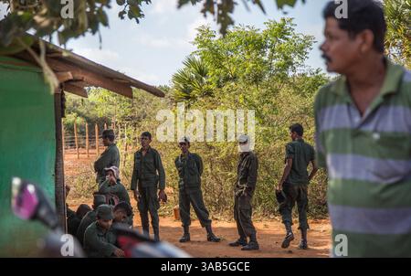 10. April 2015: Halbinsel Jaffna, Sri Lanka: Sri-lankische Soldaten beobachten, wie lokale Tamilen im Bezirk Valikamaam auf die Freilassung von Land warten. Viele haben ihre Häuser seit mehr als 26 Jahren nicht mehr gesehen. Der Sri-lankische Bürgerkrieg begann am 23. Juli 1983 und war ein Aufstand gegen die Regierung der Liberation Tigers of Tamil Eelam (LTTE oder Tamil Tigers), die für einen unabhängigen tamilischen Staat Tamil Eelam kämpften. Nach einem 26-jährigen Krieg und schätzungsweise 40.000 zivilen Toten besiegte die srilankische Armee am 2009. Mai die Tamil Tigers. Viele Tamilen wurden während des 26-jährigen Krieges vertrieben, ihre einst Stockfoto