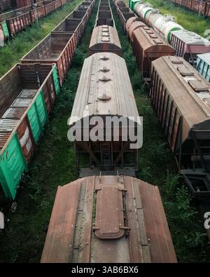 Aus der Vogelperspektive des verlassenen Bahnhofs: Bahngleise und verrostete Güterzüge. Fluchtpunkt auf alten Zug und hohes Gras zwischen alten Triebwagen Stockfoto