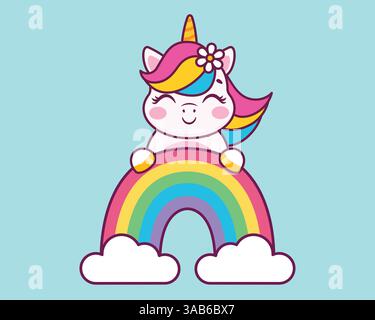 Niedliches Cartoon-Einhorn und Regenbogen. Vektor-Illustration für Kinder. Stock Vektor