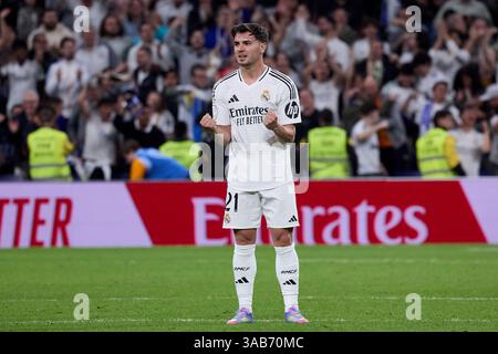 Madrid, Madrid, Spanien. April 2025. Brahim Diaz von Real Madrid CF während des spanischen Fußballspiels des King's Cup zwischen Real Madrid CF und Real Sociedad im Santiago Bernabeu Stadion in Madrid, Spanien, 1. April 2025 (Bild: © Ruben Albarran/ZUMA Press Wire) NUR REDAKTIONELLE VERWENDUNG! Nicht für kommerzielle ZWECKE! Stockfoto