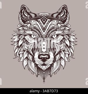 Die Doodle-Illustration zeigt einen Wölfskopf im Zentangle-Stil, perfekt für Tattoos, Makhendas, T-Shirt-Prints und Tierkollektionen. Stock Vektor