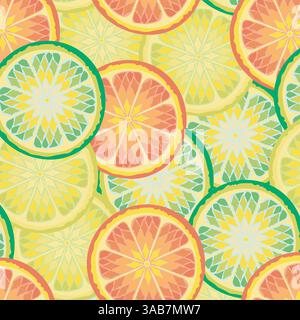 Muster mit frischen Zitrusscheiben. Orangen-, Zitronen-, Limetten-, Grapefruitscheiben. Kreatives Konzept. Vektorabbildung Stock Vektor
