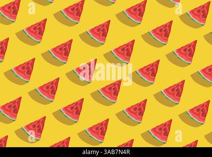 Buntes Fruchtmuster frischer Wassermelonenscheiben auf gelbem Hintergrund. Draufsicht. Vektorabbildung Stock Vektor