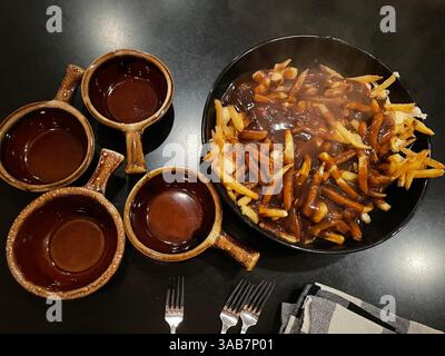 Köstlicher kanadischer Poutine in einer Schüssel mit knusprigen goldenen Pommes frites, Käsequark und kräftiger brauner Soße. Stockfoto