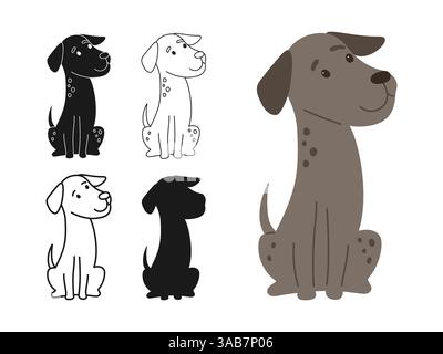 Modellsatz Hund. Vektor-Illustration eines Zeichentrickhundes Farbe, Silhouette, Umrisse, Schwarz-weiß und minimale Strichgrafik. Freundliches, einfaches Design für Haustiere. Signieren Sie entzückende Haustiervektor-Stammbaum Stock Vektor
