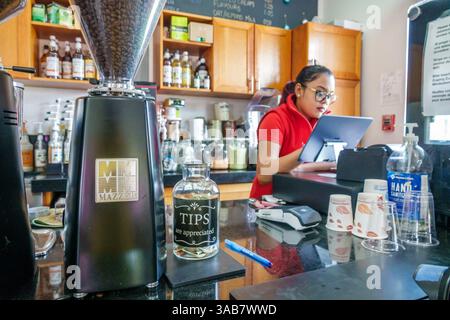 Road Town Tortola, British Virgin Islands BVI, Road Harbour Harbour, Cyril B. Romney Tortola Pier Park Kreuzfahrtanleger, Innenausstattung, Café Beans Coffee Shop, Stockfoto