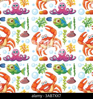 Lebendiges Meeresleben mit Krabben, Fischen und Oktopussen Stock Vektor