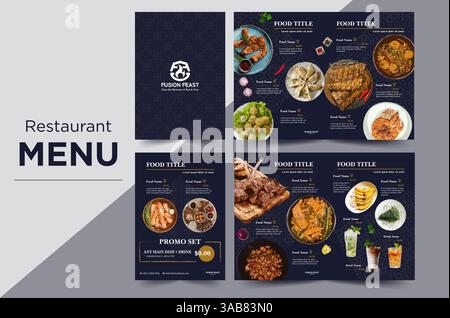 Elegante und professionell gestaltete Menüvorlage für Restaurants mit dunklem Hintergrund, organisierter Anordnung und stilvoller Typografie Stock Vektor