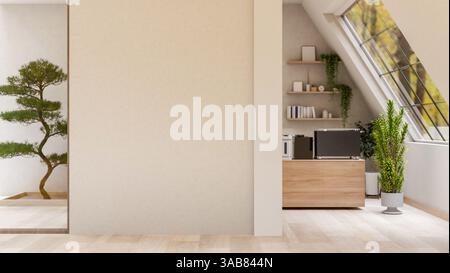 Die hölzerne Theke mit Kaffeemaschine in der Zimmerecke unter dem großen Dachfenster. Pausenraum oder Kaffeeecke. 3D-Rendering, 3D-Anzeige Stockfoto