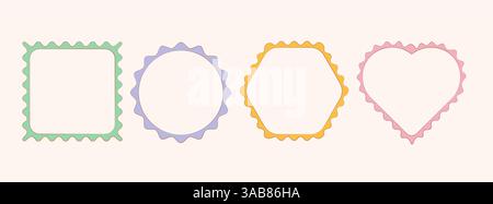Set aus Muschelrahmen mit gewellten Kanten, die auf weißem Hintergrund isoliert sind. Vektor-Zeichentrickillustration von Quadrat, rund, sechseck, Herzform Grenzen mit Farbkritzelkunst Design für Poster, Spiel Avatar Stock Vektor