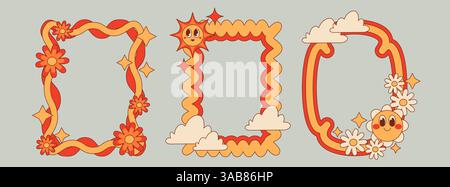 Grooviger Satz von Rahmen mit gewellten Kanten, die auf dem Hintergrund isoliert sind. Vektor-Karikaturillustration der gelben orange Jakobsmuschel Grenzen mit Wolken, Blumen- und Sonnenzeichen, Doodle Art Rechteck und ovales Poster Stock Vektor