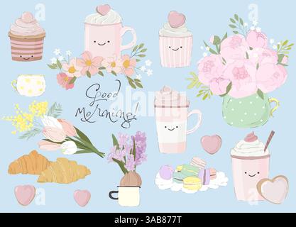 Handgezeichnetes Set aus verschiedenen trendigen, floralen Teetassen oder Tassen, Süßigkeiten und Blumen Stock Vektor